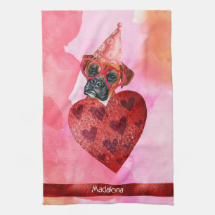Custom Pink Dog Lover Valentine Gift Boxer Tea Towel