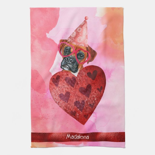 Custom Pink Dog Lover Valentine Gift Boxer Tea Towel (Vertical)