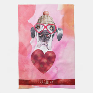 Custom Pink Dog Lover Valentine Gift Great Dane Tea Towel