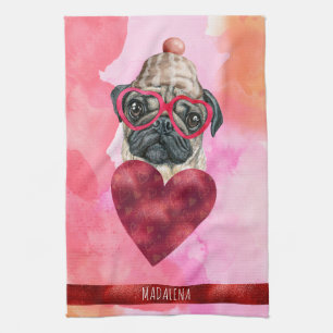 Custom Pink Dog Lover Valentine Gift Pug Tea Towel