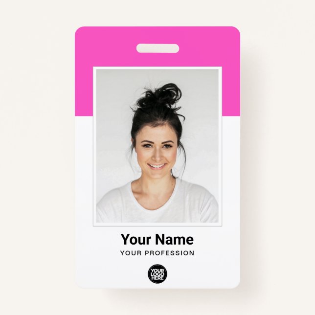Custom Pink Employee Large Photo Purple Logo Name ID Badge (Front)