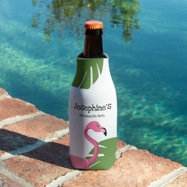 Custom Pink Flamingo Destination Bachelorette Bottle Cooler (In Situ Pool)