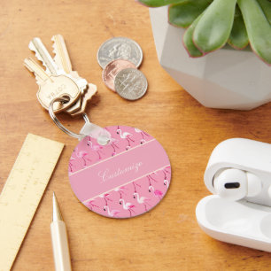 Custom Pink Flamingo Paradise Watercolor Pattern Key Ring