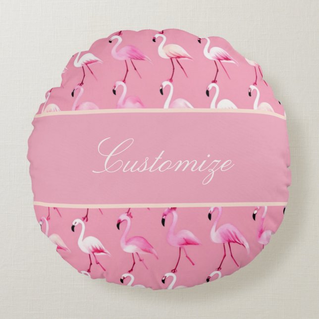 Custom Pink Flamingo Paradise Watercolor Pattern Round Cushion (Front)