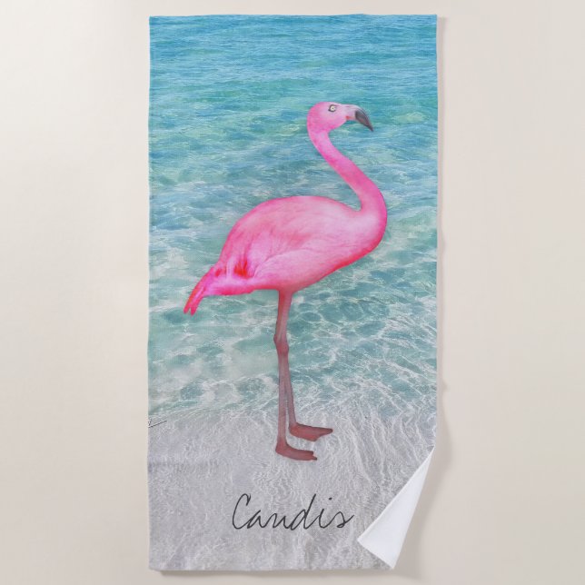 Custom Pink Flamingo Tropical Sandy Beach Modern Beach Towel (Front)