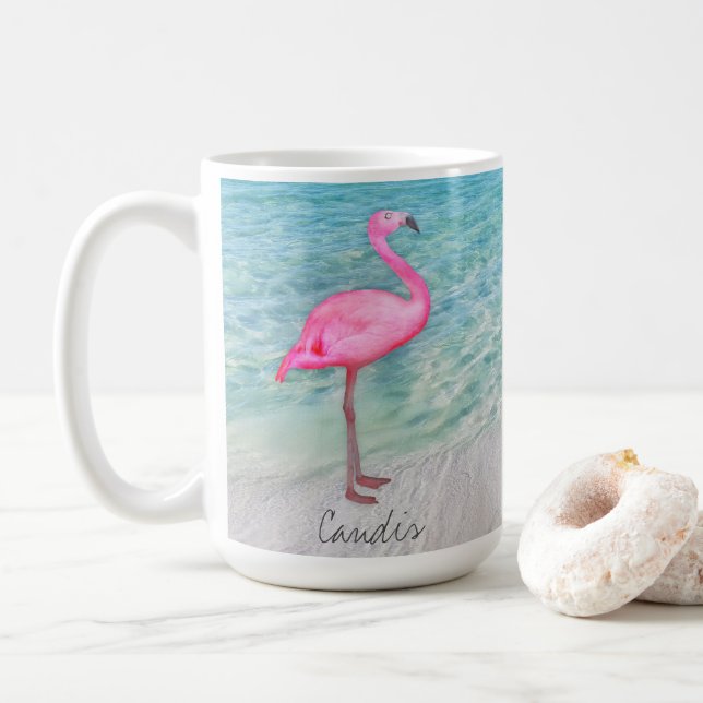 Custom Pink Flamingo Tropical Sandy Beach Modern Coffee Mug (With Donut)