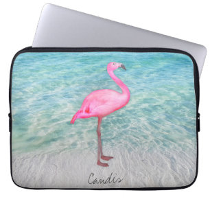 Custom Pink Flamingo Tropical Sandy Beach Modern Laptop Sleeve
