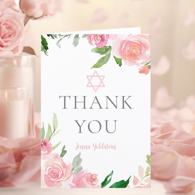 Custom Pink Floral Bat Mitzvah Party Jewish Thank You Card (Creator Uploaded)