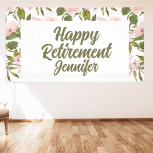Custom Pink Floral Greenery Happy Retirement Party Banner