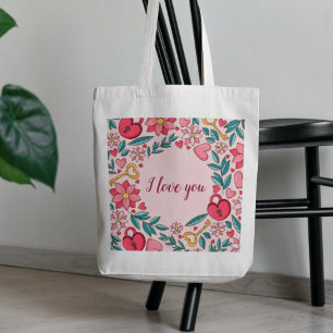 Custom Pink Floral Heart I love You Mothers Day Tote Bag