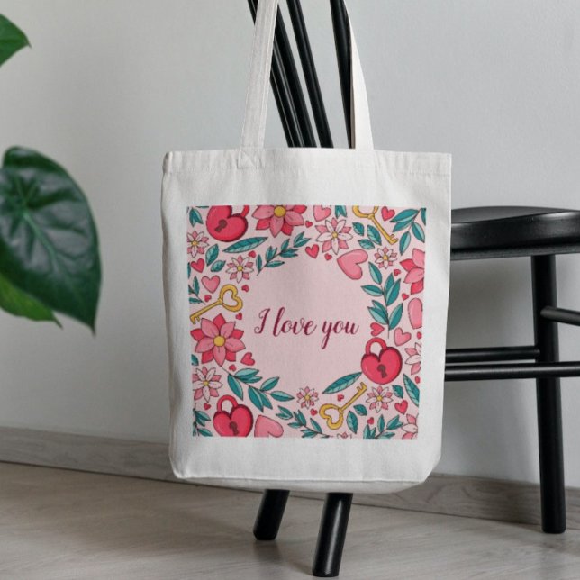 Custom Pink Floral Heart I love You Mothers Day Tote Bag (Creator Uploaded)