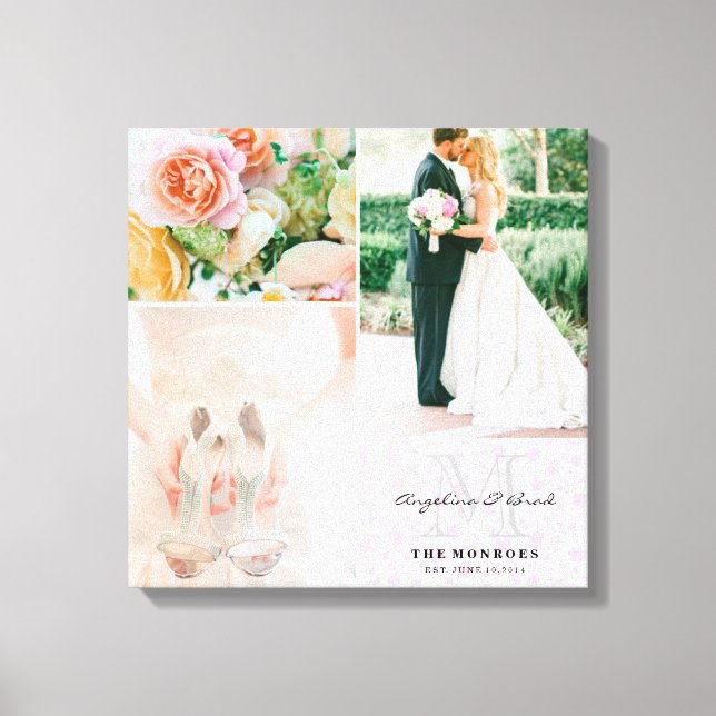 Custom Pink Floral Monogram Wedding Photo Collage Canvas Print (Front)