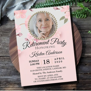 Custom Pink Floral Photo Retirement Party Invitation