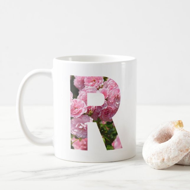 Custom Pink Floral R Initial and Name Mug (With Donut)