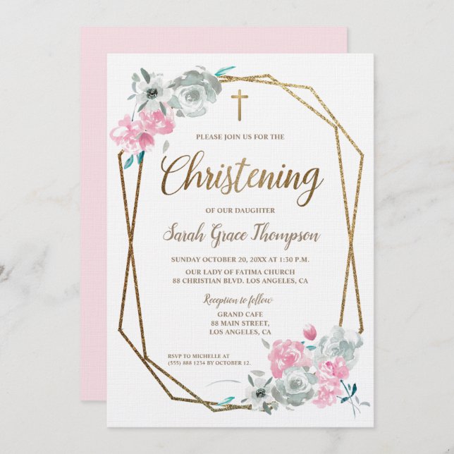 Custom Pink Floral Watercolor Baby Christening Invitation (Front/Back)