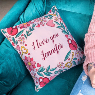 Custom Pink Flowers Heart I love You Mothers Day Cushion