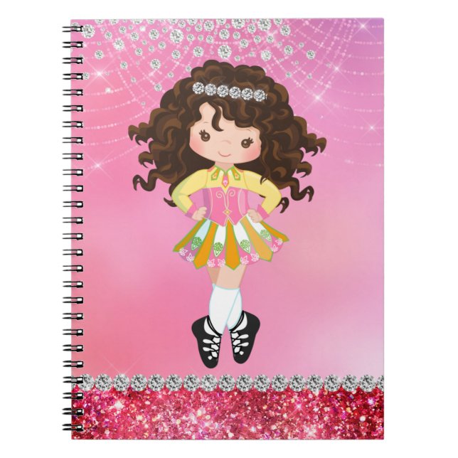 Custom Pink Glam Irish Dance Brunette Girl Notebook (Front)