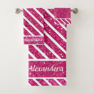 Custom Pink Glitter and White Script Modern artsy Bath Towel Set