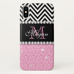 Custom Pink Glitter Black Chevron Monogram iPhone X Case