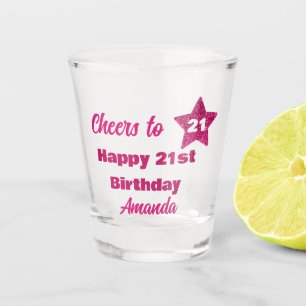 Custom Pink Glitter Cheers 21 Happy 21st Birthday Shot Glass