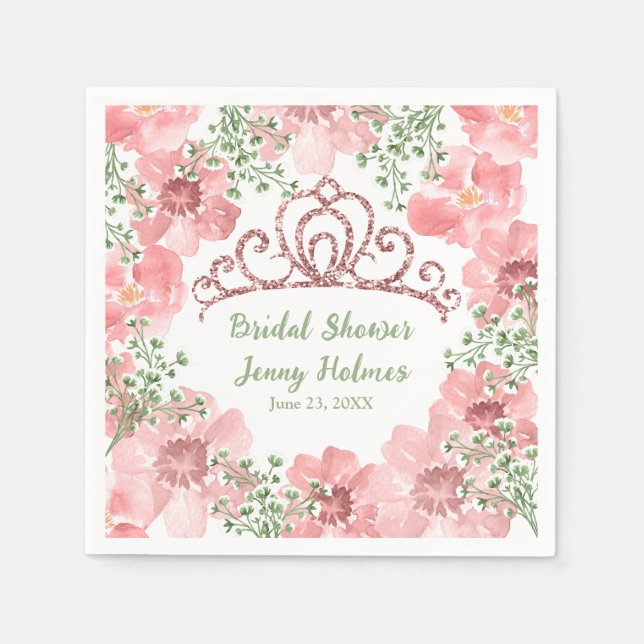 Custom Pink Glitter Crown Pink Roses Greenery  Napkin (Front)