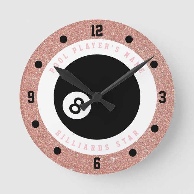 Custom Pink Glitter Girls Billiards Pool Player Round Clock (Front)