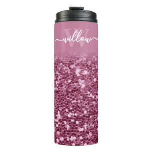 Custom Pink Glitter Monogram Name Thermal Tumbler
