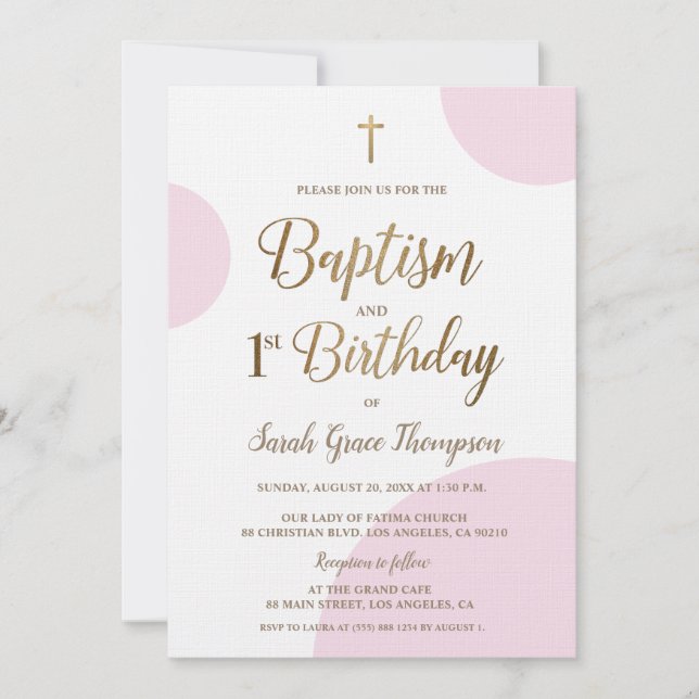 Custom Pink Gold Baby Girl Baptism 1st Birthday Invitation (Front)