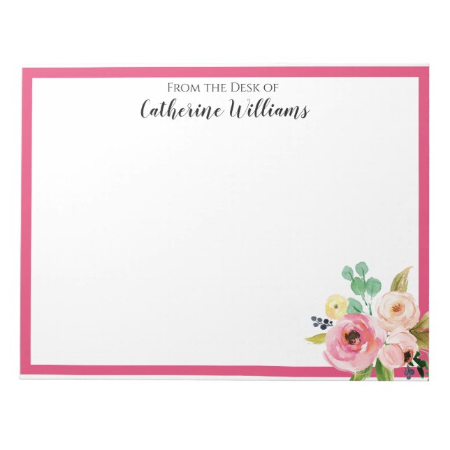 Custom Pink Gold Pastel Boho Floral Bouquet Penpal Notepad (Front)