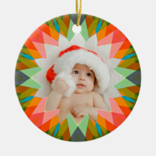 Custom Pink Green Christmas Star Photo Gift Tree Ceramic Tree Decoration