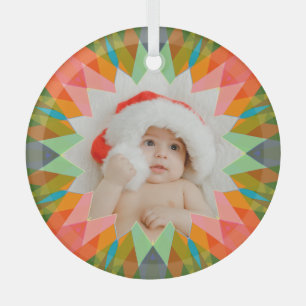 Custom Pink Green Christmas Star Photo Gift Tree Glass Tree Decoration