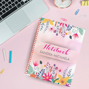 Custom Pink & Green Floral Notebook with Name