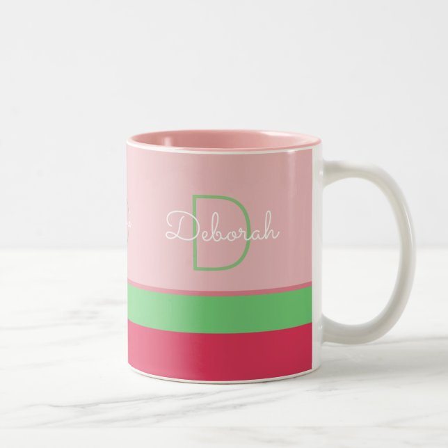 custom pink & green monogram with stripes Two-Tone coffee mug (Right)