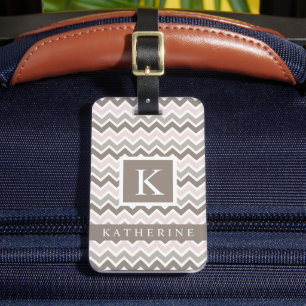 Custom Pink Grey Brown White Chevron Pattern Luggage Tag