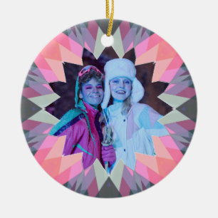 Custom Pink Grey Christmas Star Family Photo Gift Ceramic Tree Decoration