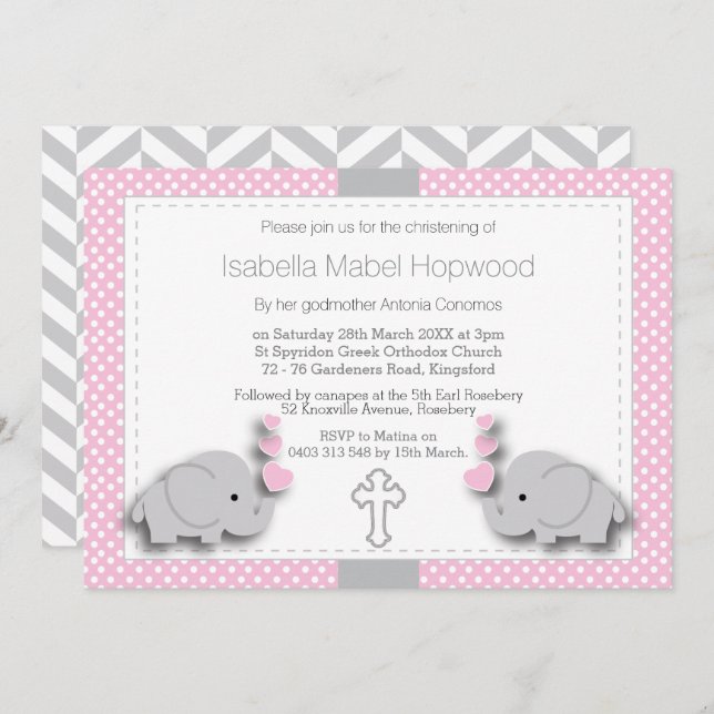 Custom- Pink & Grey Elephant 🐘 Baby - Christening Invitation (Front/Back)