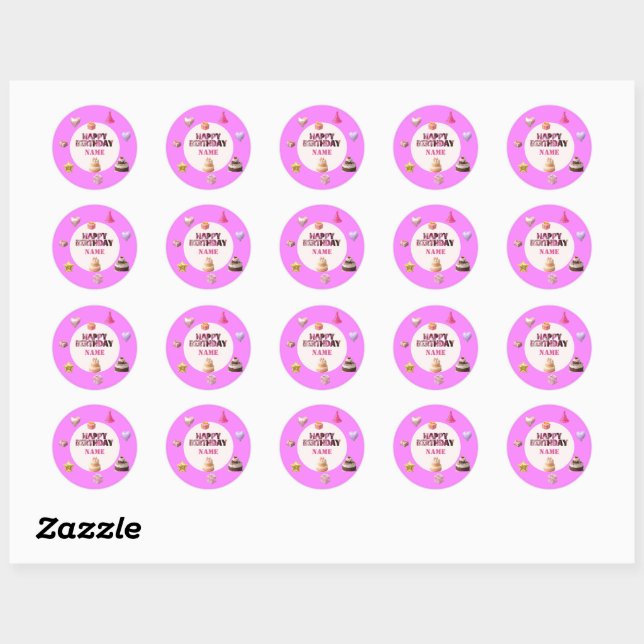Custom Pink Happy Birthday Classic Round Sticker (Sheet)