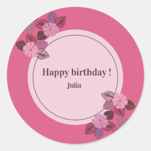 Custom pink happy birthday floral girl classic round sticker