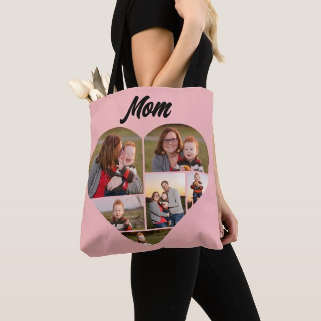 Custom Pink Heart Shape Family Photo Collage Tote Bag (Close Up)