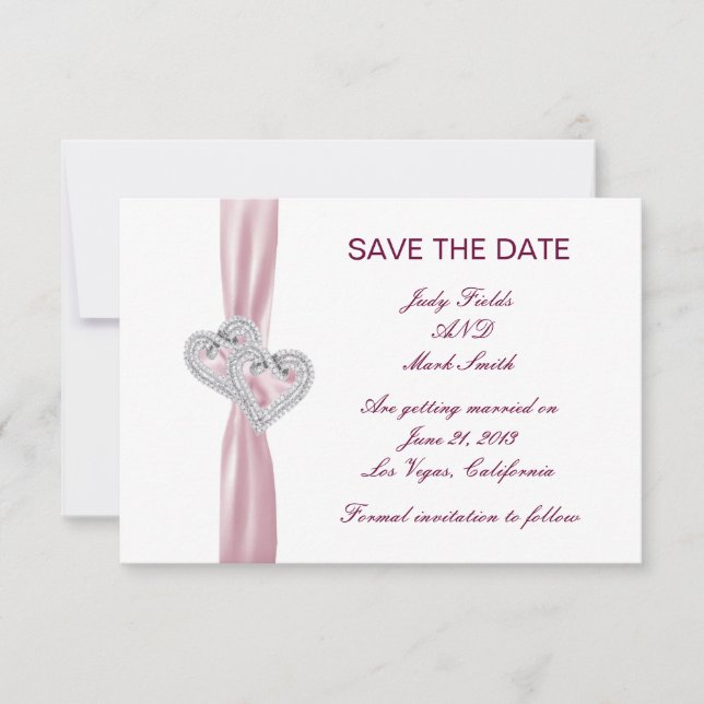 Custom Pink Hearts Save The Date Card (Front)
