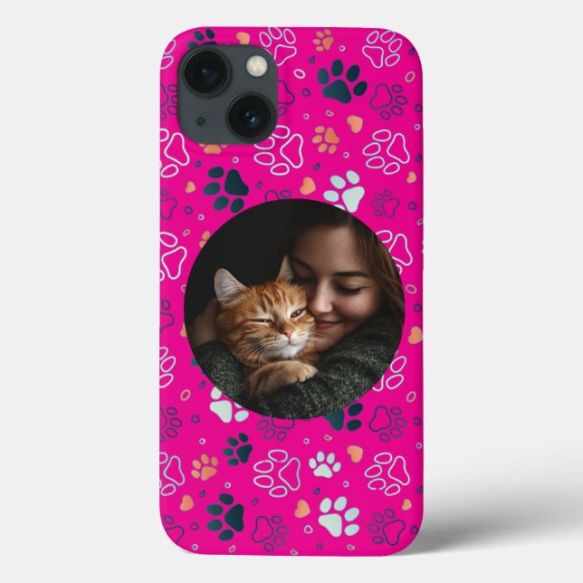 Custom Pink iPhone Case with Photo & Paw Print  (Back)
