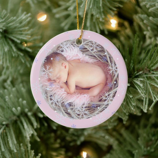 Custom Pink Keepsake Photo Baby's First Christmas  Ceramic Tree Decoration (Tree)