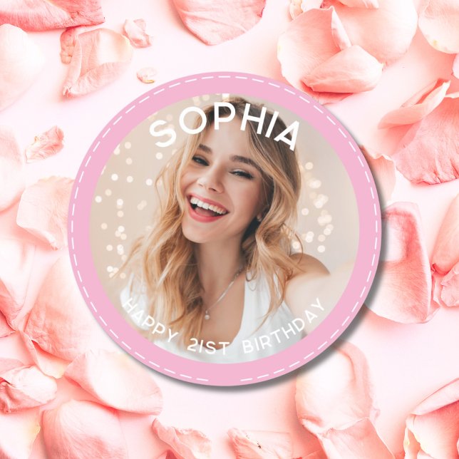 Custom Pink Modern 21st Birthday Photo Classic Round Sticker (Custom Pink Modern 21st Birthday Photo Classic Round Sticker)
