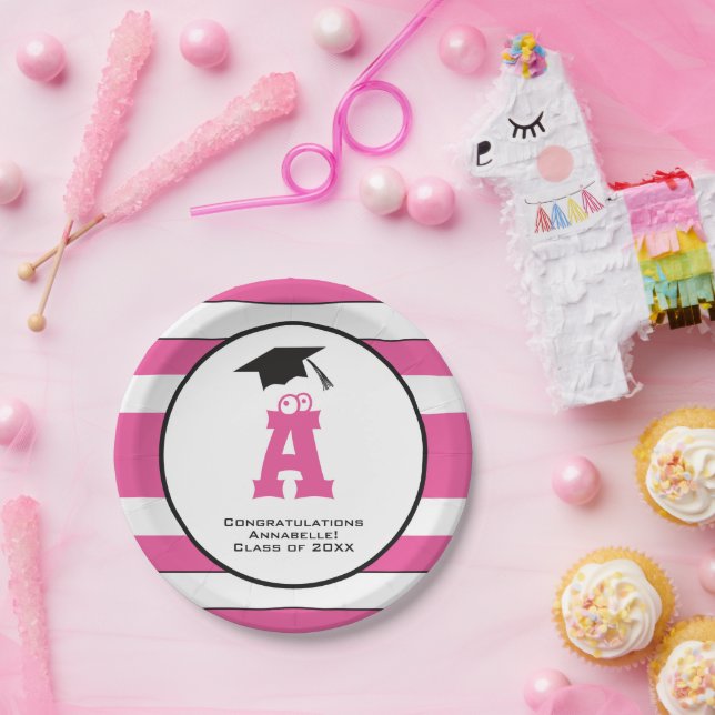 Custom Pink Monogram Graduate Cute Paper Plate (Party)