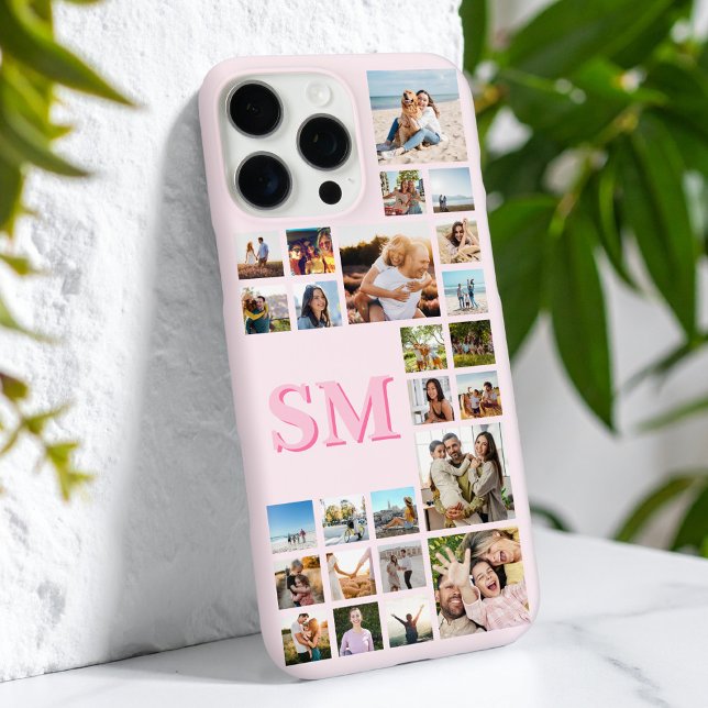 Custom Pink Monogram Initial 25 Photo Collage iPhone Case (Creator Uploaded)