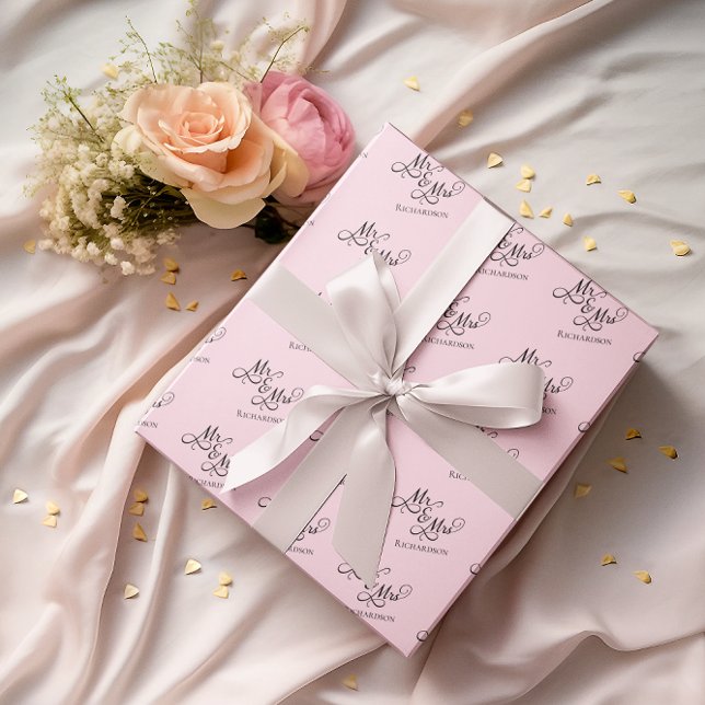 Custom Pink Mr and Mrs Script Wrapping Paper (elegant pink Mr and Mrs wrapping paper with script calligraphy for newlywed couples anniversaries)
