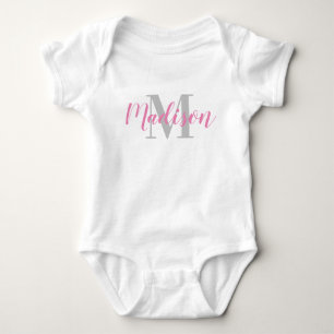 Custom Pink Name and Grey Initial Baby T-Shirt Bodysuit