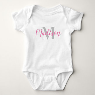 Custom Pink Name and Grey Initial Baby T-Shirt Bodysuit
