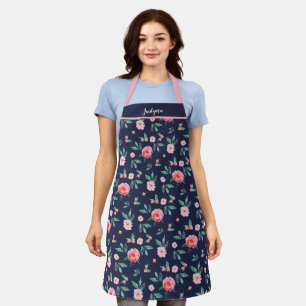Custom Pink Navy Blue Floral Watercolor Pattern Apron