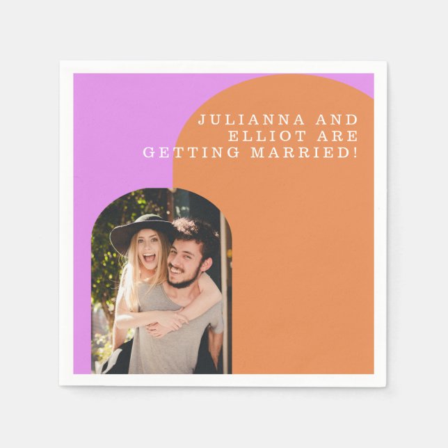 Custom Pink Orange Retro Photo Engagement Party  Napkin (Front)